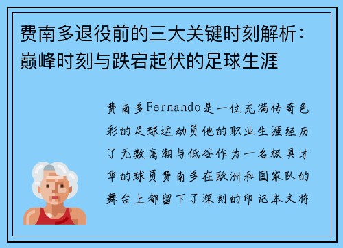 费南多退役前的三大关键时刻解析：巅峰时刻与跌宕起伏的足球生涯