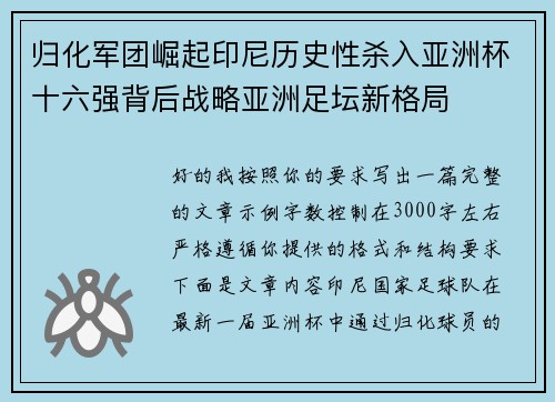 归化军团崛起印尼历史性杀入亚洲杯十六强背后战略亚洲足坛新格局